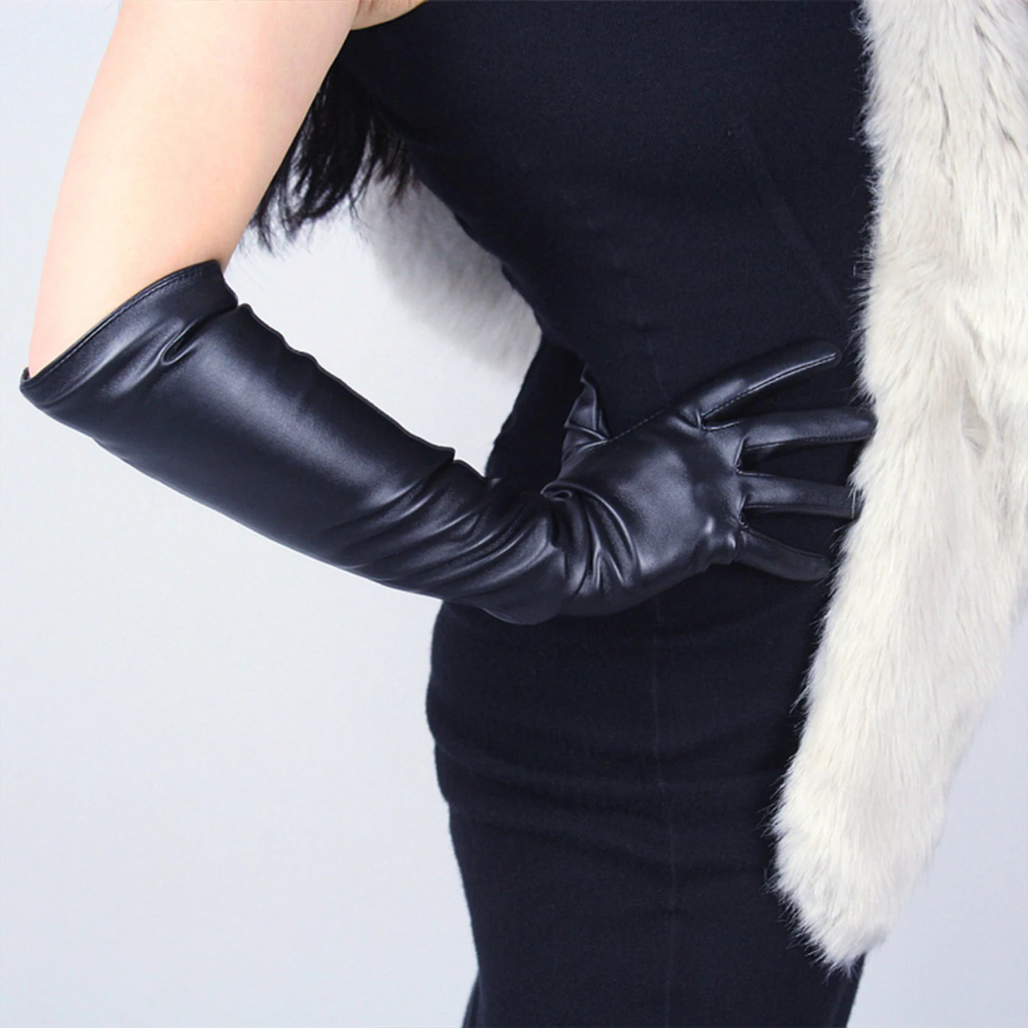 

DooWay Black Leather Women's Gloves Faux Leather 50cm Elbow Long Winter Warm Fashion Opera Dressing Evening Glove Touchscreen