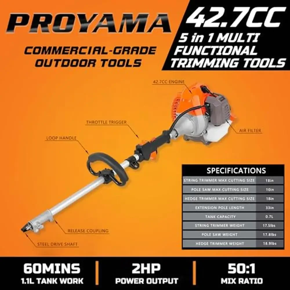 5-in-1 Powerful Gas Trimming Tools Hedge Trimmer Weed Eater Brush Cutter Pole Saw EPA Certified Engine Adjustable Length 42.7cc 2
