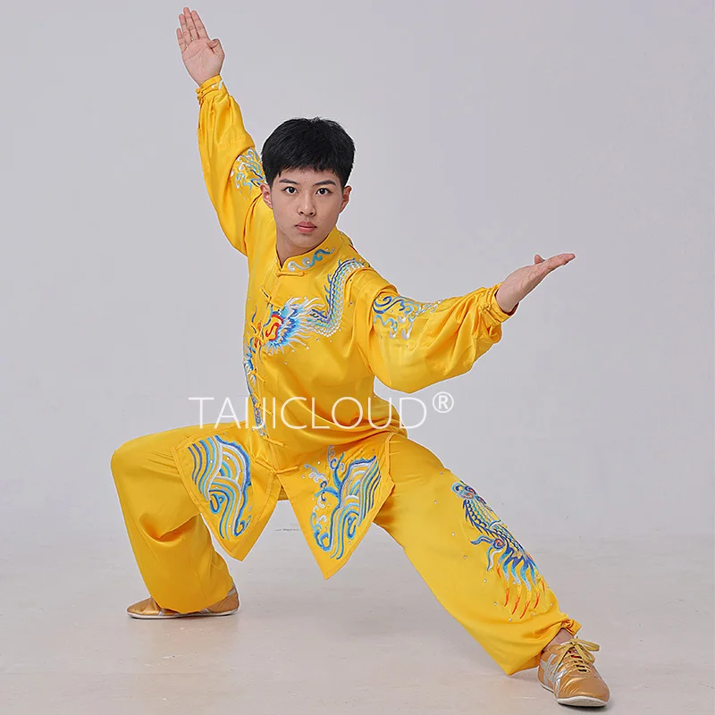 Traje de Tai Chi bordado para práctica, traje de rendimiento de Tai Chi bordado dorado para hombres, dragón de seda, tour del mundo