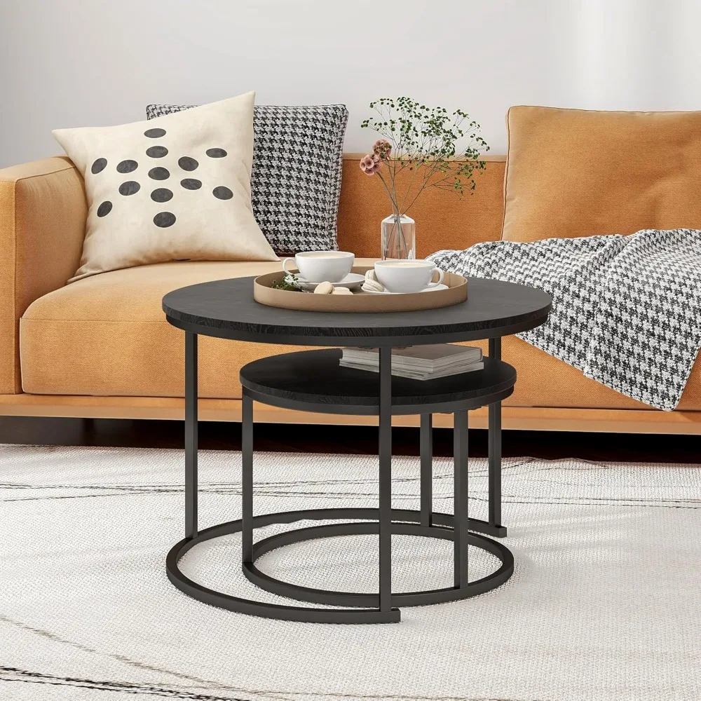 Round Coffee Tables Set of 2 End Table,Coffee Nesting Tables,Living Room Table Wooden Accent Metal Frame,Easy Assembly 4