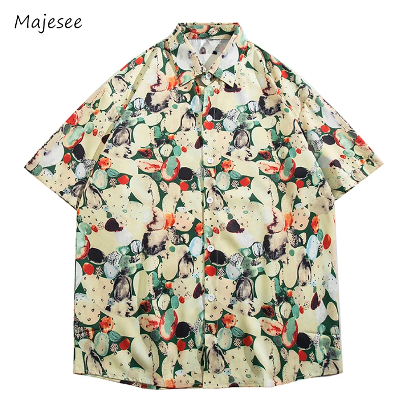 

Рубашка мужская повседневная с коротким рукавом, шикарная однобортная универсальная свободная с отложным воротником, с цветочным принтом, в Корейском стиле, лето