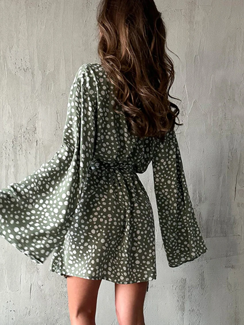 Marthaqiqi Casual Printing Women Robe Sexy V-Neck Pajama Long Sleeve Nightgowns Lace Up Bathrobe Loose Spring Home Clothes Femme