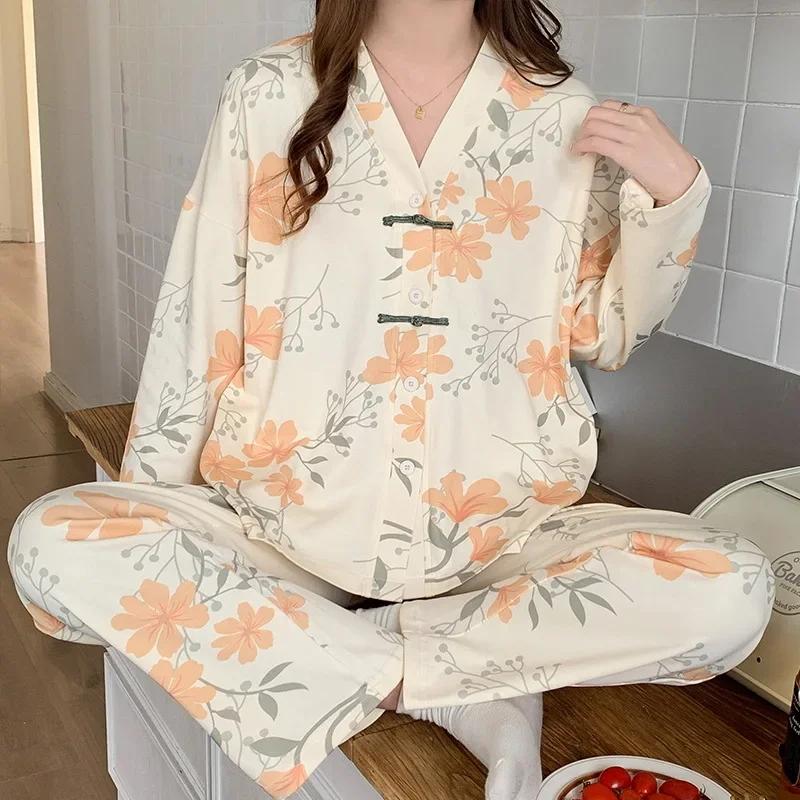 Sleepwear Women Printed Pajama Sets Spring Autumn Long Sleeve Trouser Pajamas Kawaii Clothing Korean Nightwear Homewear Buttons