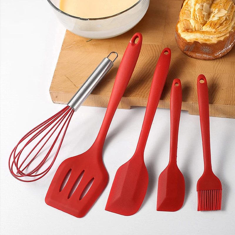 5PCS Silicone Kitchen Cooking Utensils Set Non-Stick Flexible Kitchen Tools With Cake Spatula Whisk Oil Brush And Cooking Shovel