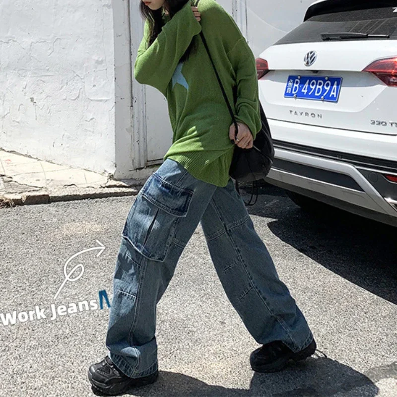 

Cargo Pants Women Jeans Multi Pocket Overalls Streetwear Baggy Jeans Straight High Rise Trouser Retro Leisure Denim Long Pants
