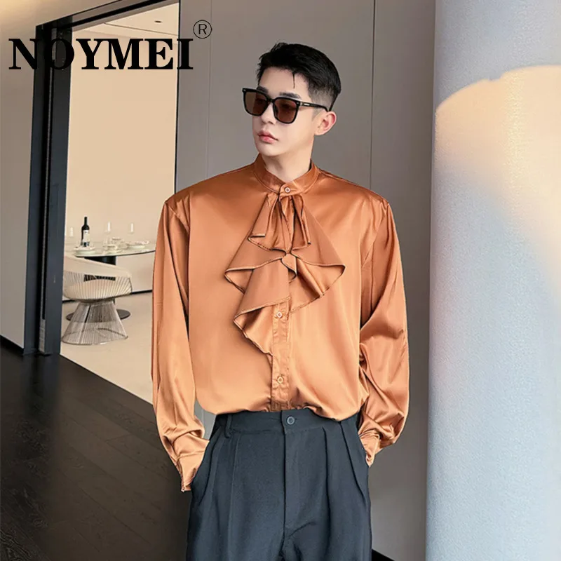 NOYMEI Corrugated Edge Stand Collar Long Sleeved Tuxedo Shirt Men Court Style French Niche Temperament Top Maroon Fashion WA4000