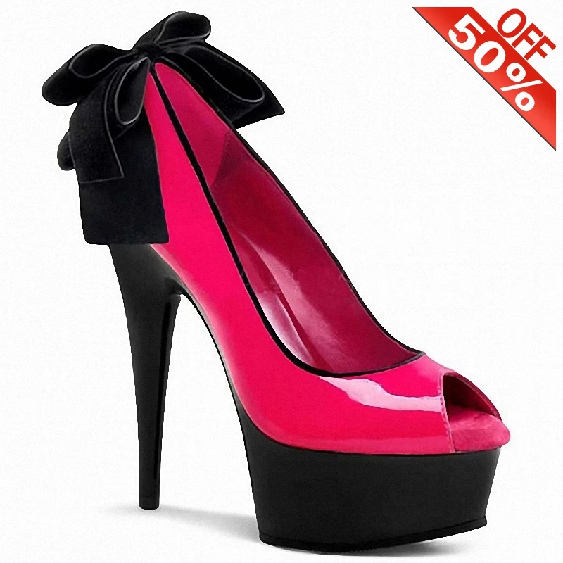 Gothic Exotic Dancer Peep Toe Big Size Pink Platform Pumps 15cm Bowknot Catwalk Full Dress Stripper Heels Bride Sweet Nightclub