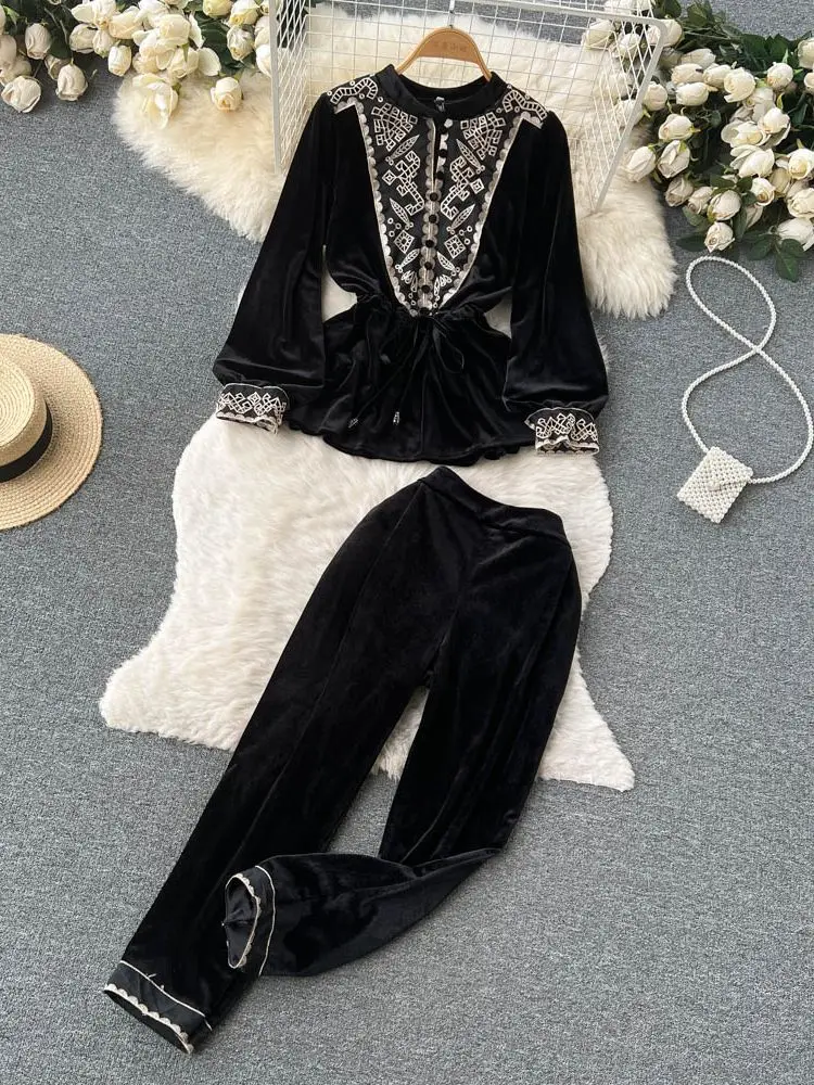 

Formal Slim Fit Women's Business Work Wear 2 Pieces Suits Black Velvet Office Ladies Stylish Suits Embroidery Tops Pants Set