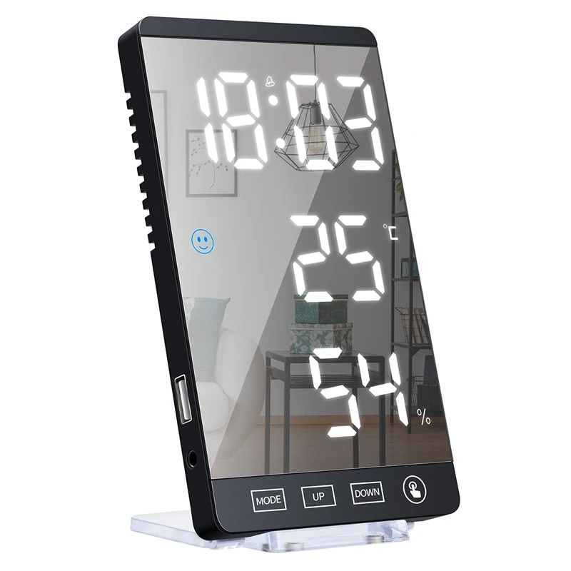 6Inch Mirror LED Digital Alarm Clock Table Wall Clock 4 Brightness Touch Button Time Temperature Humidity Display USB Desk digital clock table clock lcd digital clock digital desk clock digital table clock wall clocks