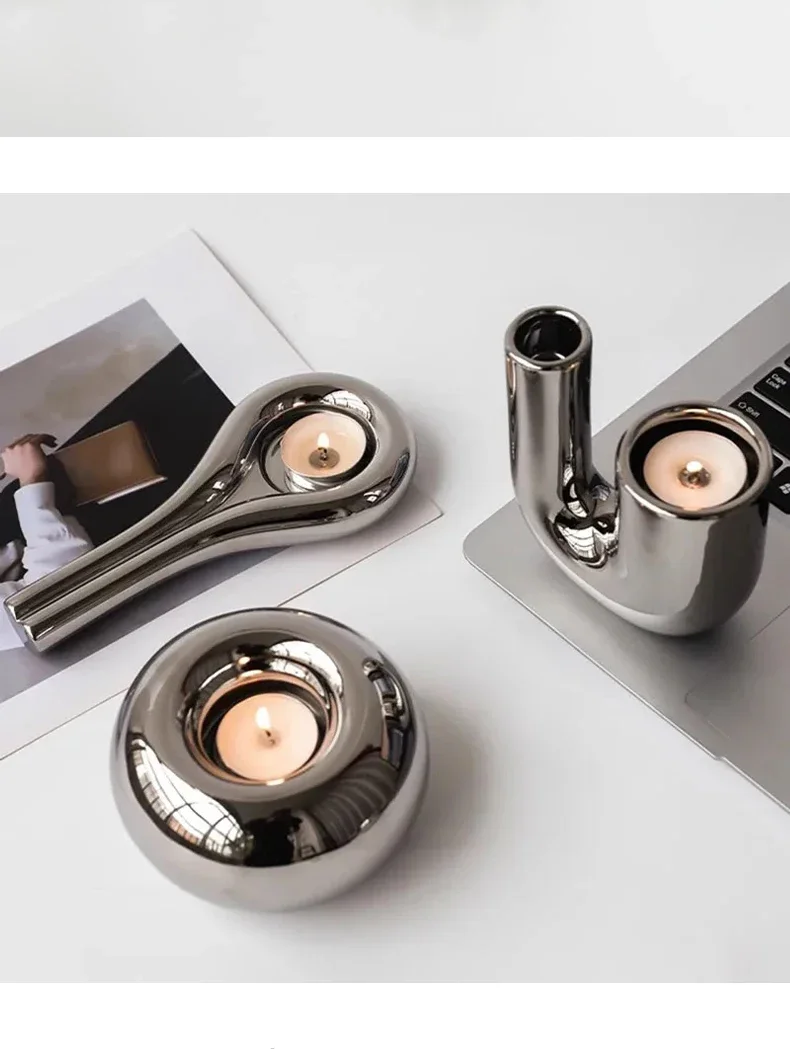 Description Picture 6 of itemLuxury Electroplating Silver Candlestick Holder,Modern Living Room Office Art Decoration,Creative Ceramic Cylinder Candle Holder