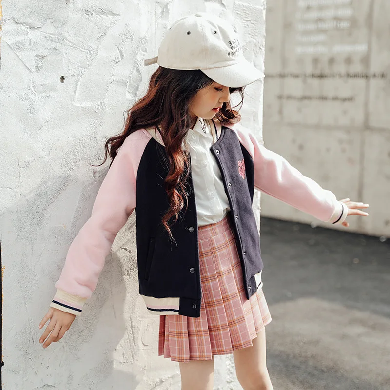 Spring Autumn Girls Baseball Jacket Kids Casual Sport Coat Teenager School Uniform Outerwear Long Sleeve Top 4 5 7 9 11 13 Years