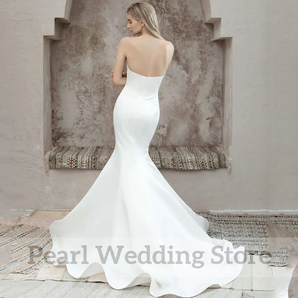 Elegant Mermaid Wedding Dress Strapless Off the Shoulder Satin Floor Length Bride Backless Sweep Train Formal Custom Gowns