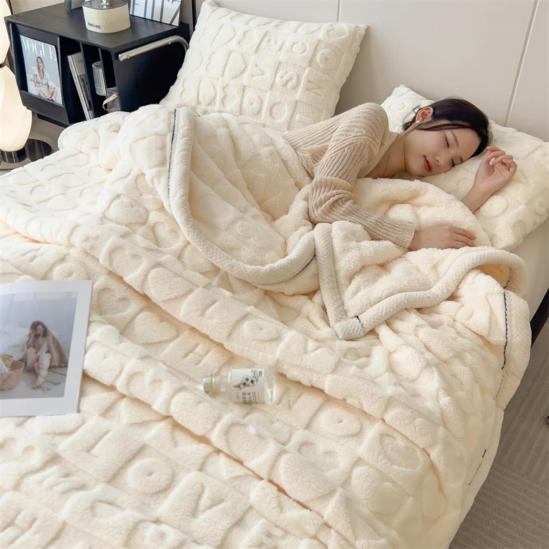 Winter Blanket New Tafu Velvet Love Pattern Embossed Napping Blanket Soft Comfortable Warm AB Side Single Double Person Quilt