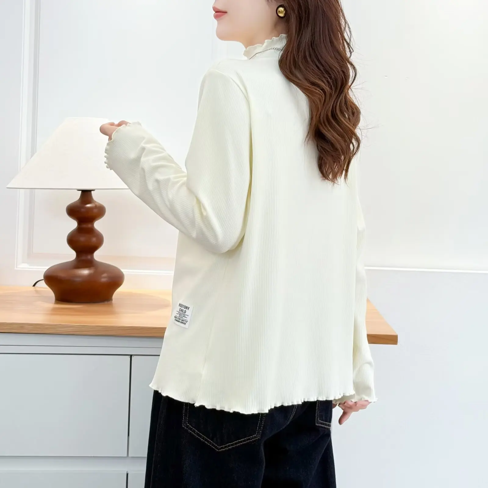 XXXXL Fashion Plus Size Woman Clothing T-Shirt New Autumn And Winter Simple Basic Style Ruffled Neck Warm Tops 191