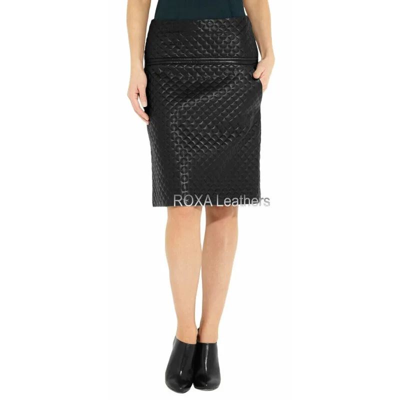 New Elegant Women Genuine Lambskin Leather Skirt Solid Quilted Black Skirt