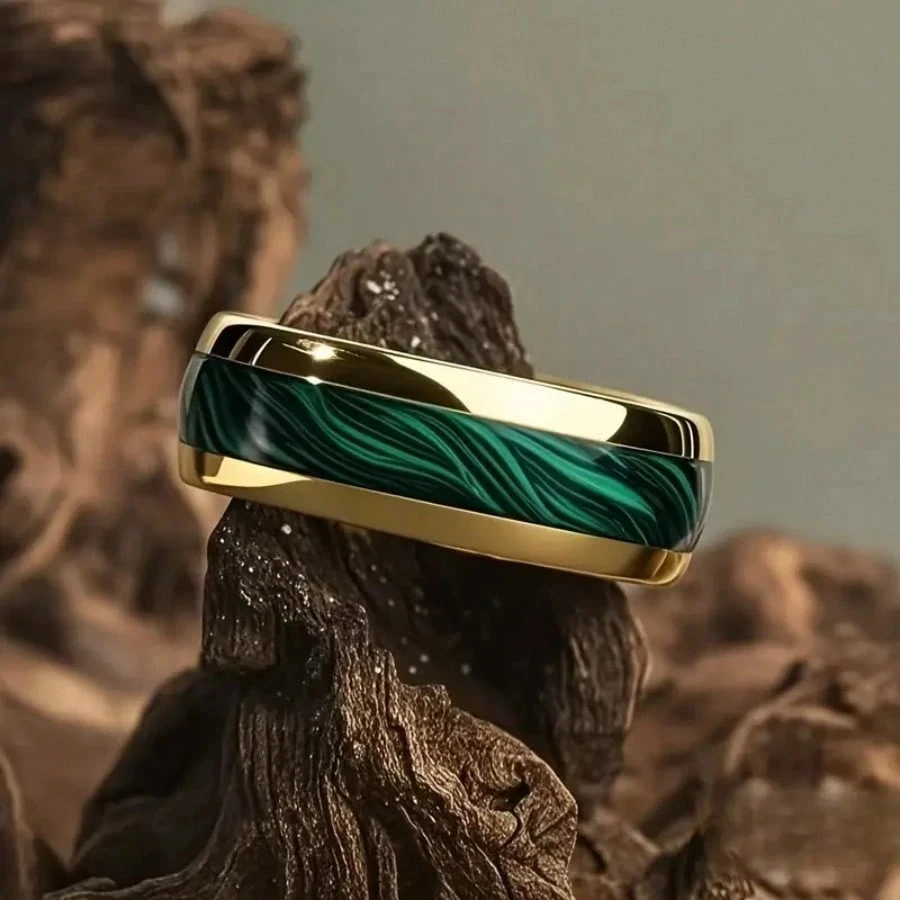 8MM Gold Color Stainless Steel Rings For Men Domed Green Abalone Shell Inlay Rings Wedding Engagement Jewelry Gift stainless steel ring
