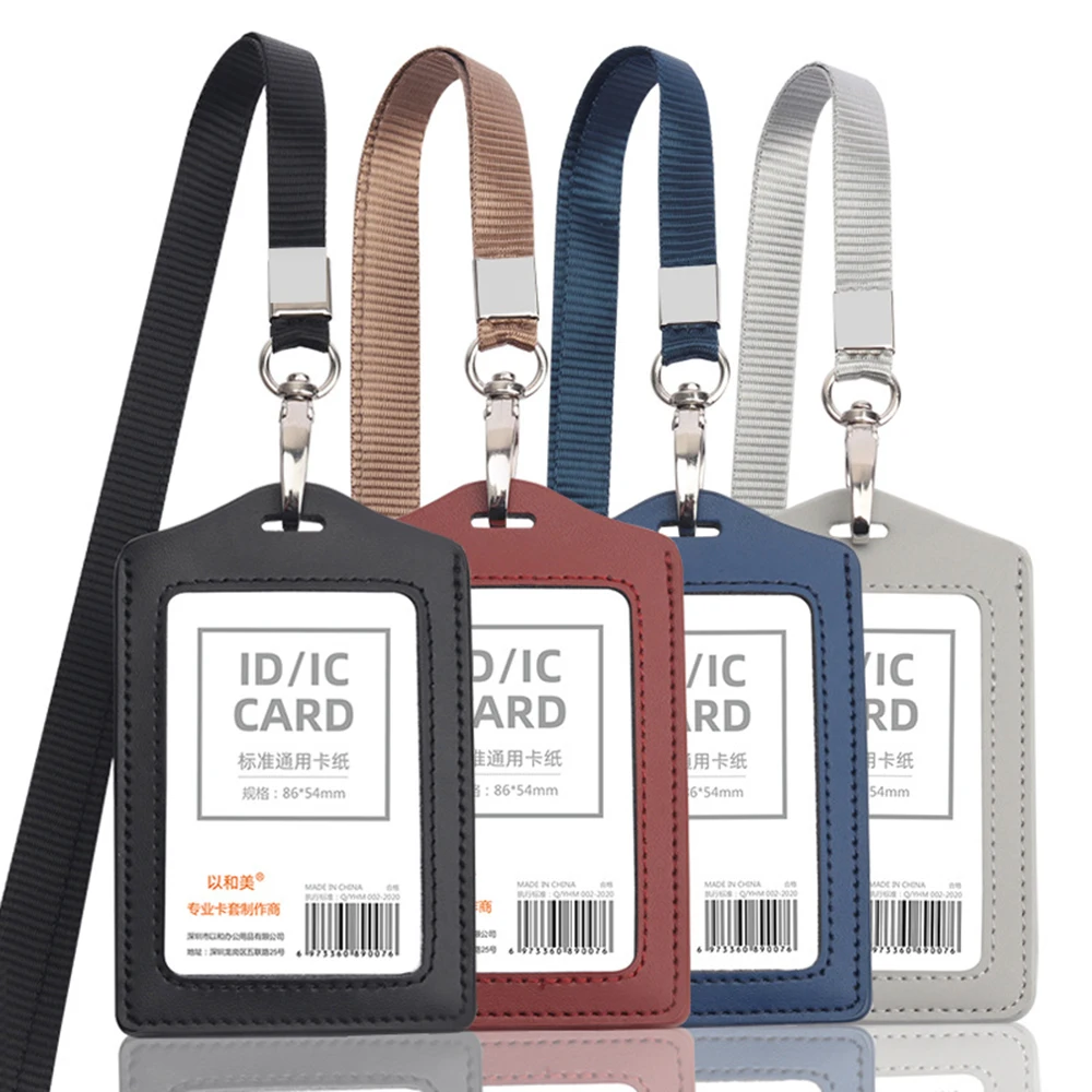 

Leather High quality Business Access Card Holder Office Name ID Card Cover Credit Card Holder Badge Card Case With Neck Lanyard