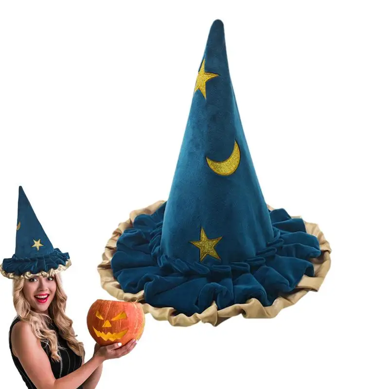

Шляпа Witch для женщин с широкими полями, коническая Шпилька, Мужская Шляпа Волшебника с острым носком, женская модная синяя звезда, луна