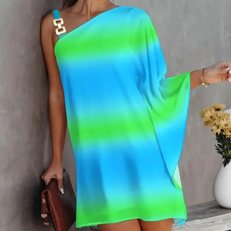 2023 Summer Dress Women Elegant Slant Neck Dresses Chain Strap Print Boho Mini Dress Fashion Female Sexy Off Shoulder Vestidos