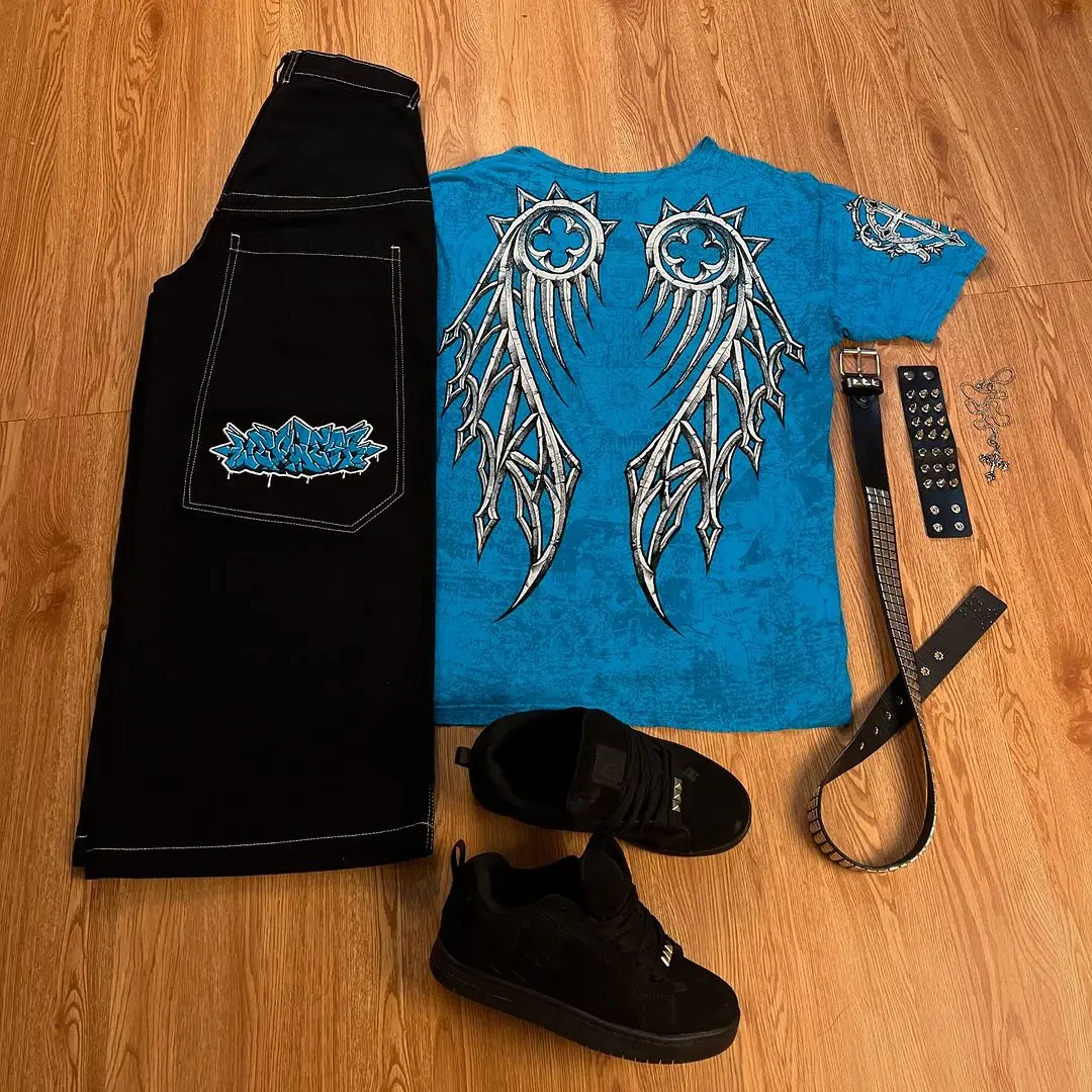 Tapout and Wexwear Suit Graphic Embroidered Jeans Harajuku Black Skateboard Pants Y2K Jeans tracksuit t shirt For Men Streetwear