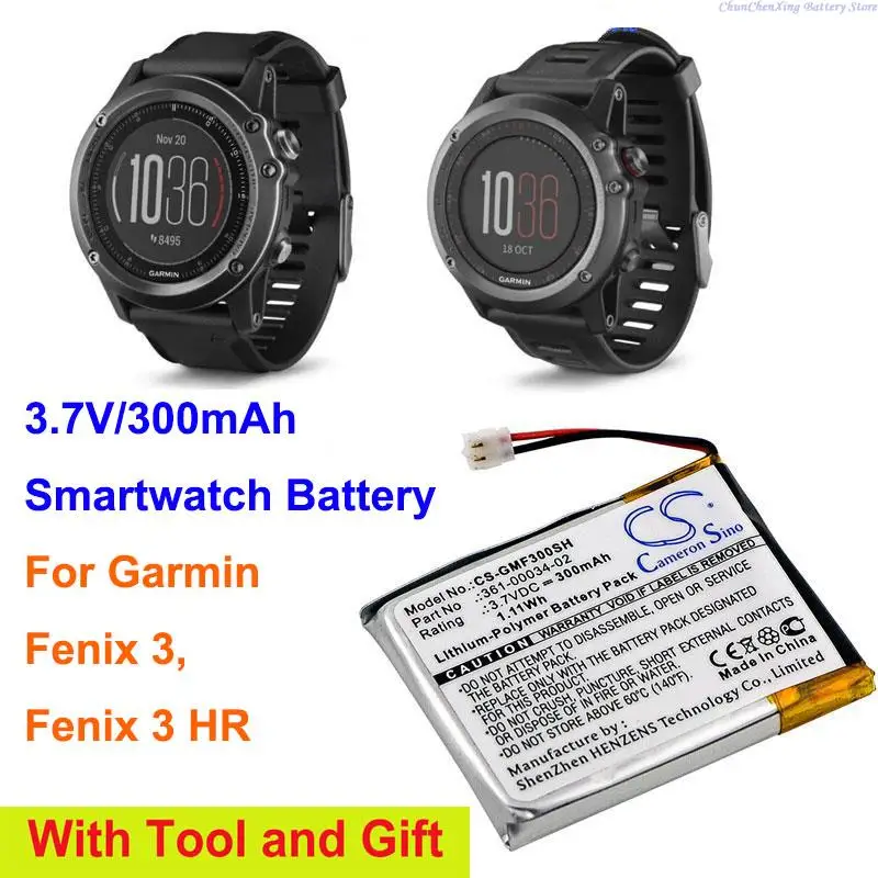 Cameron Sino 3.7V 300Mah Batteria Smartwatch 361-00034-02 Per Garmin Fenix 3, Fenix 3 Hr