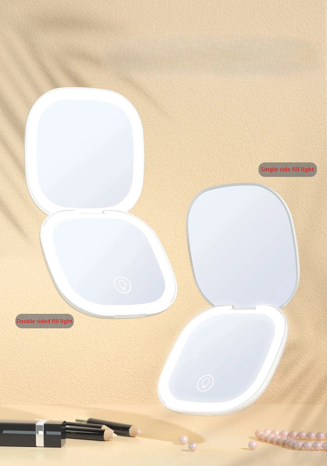 Mini foldable compact mirror with light, available in multiple colors.