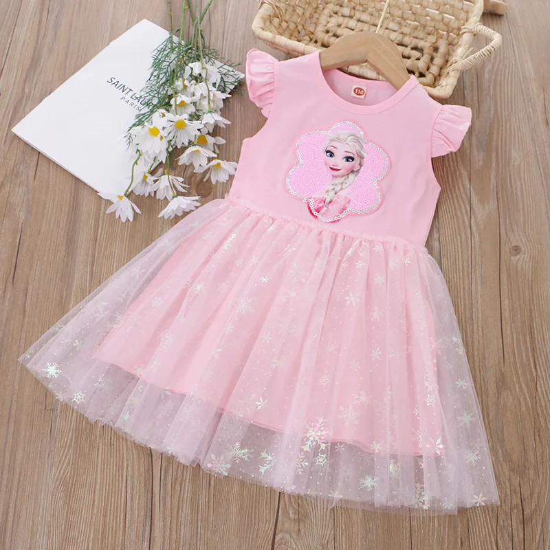 Girls Dress 2025 New Summer Princess Dresses Flying Sleeve Kids Dress Frozen Elsa Party Baby Dresses for Children Clothing