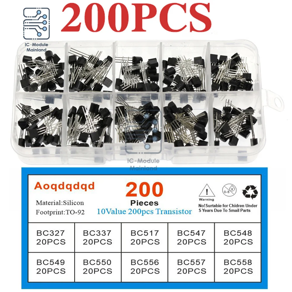 200 Pcs/Set BC327 BC337 BC548 PNP NPN Power Triode General Purpose Transistors Assortment Kit with Storage Box