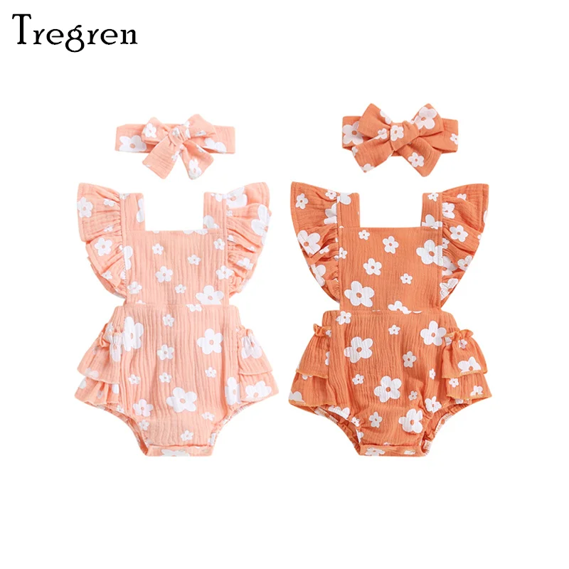 

Tregren 0-18M Newborn Infant Baby Girl Two Piece Outfits Summer Floral One Shoulder Romper Stretch Headband Cute Clothes Sets