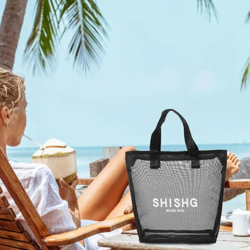 

Unique Mesh Beach Bag Large Capacity Quick Dry Foldable Storage Tote Multifunctional Handbag For Clothes Cosmetics Toiletries