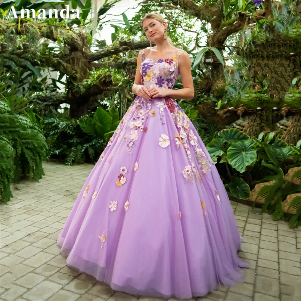

Amanda 2024 Princess Purple Ball Gown Vestido De Novia Flower Lace Embroidery Evening Dress Spaghetti Strap Prom Dress 2024