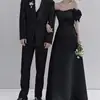 Sweet Bow Off The Shoulder Wedding Dresses Satin Black Evening Dress Elegant Floor-length A Line Simple Bridal Dress Customized 1