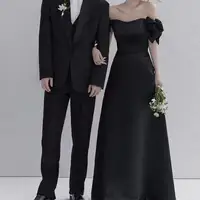 Sweet Bow Off The Shoulder Wedding Dresses Satin Black Evening Dress Elegant Floor-length A Line Simple Bridal Dress Customized 1
