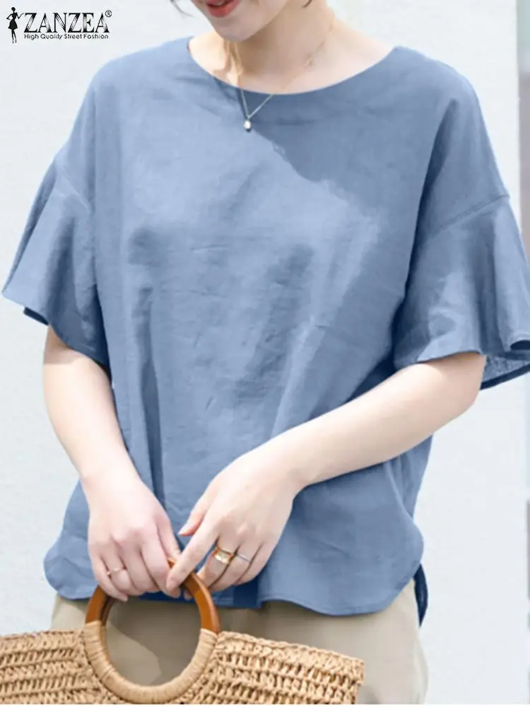 

ZANZEA Summer Stylish Ruffles Shirt Woman Casual Loose Chemise Female Flare Sleeve O-Neck Tunic Tops Elegant Solid Loose Blusas