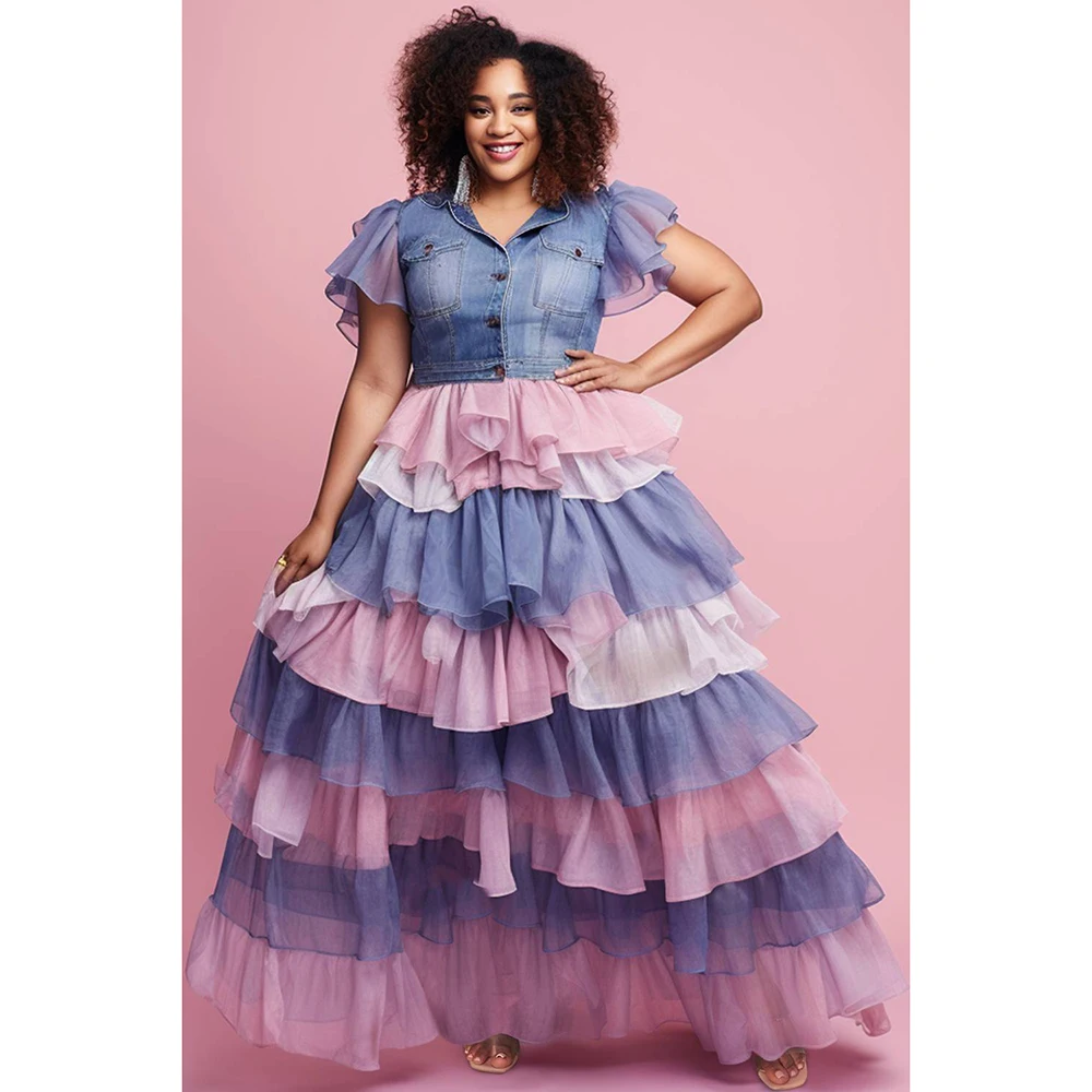 

Plus Size Maxi Dress Blue Shirt Collar Pink Floating Sleeves Short Sleeves Ruffles Contrast Color Tencel Denim Casual Maxi Dress