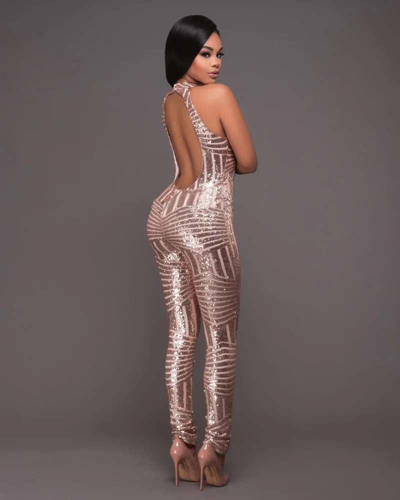 Summer Women's Sparkling Halter Party Jumpsuit 2023 New Women Sexy Gold Sequin Jumpsuit Body Ladies Overalls Club Mesh Jumpsuit