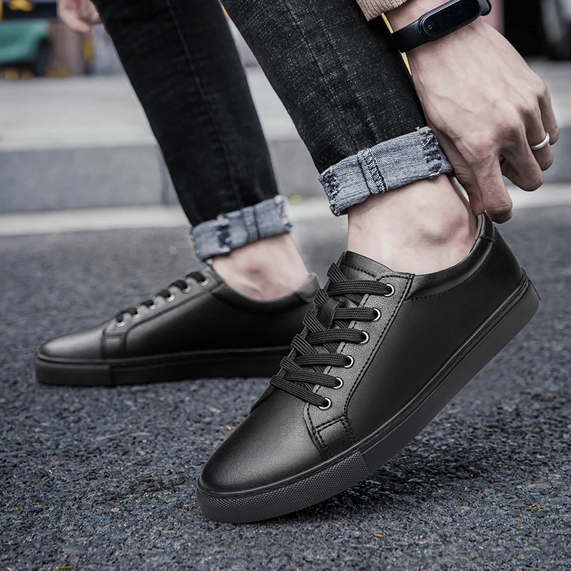 Handmade Black Leather Casual Sneakers - Mens Autumn Flats
