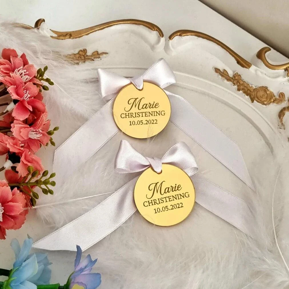30/50/100 Pcs Personalized Gold Acrylic Round Tags Custom Engraved Name or Logo Wedding Party Baby Baptism DIY Decoration Gifts