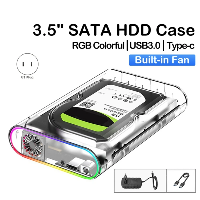 3.5인치 HDD/SSD 인클로저 투명 USB 3.0 타입 C - 외장형 HDD 케이스 지원 28TB SSD RGB 다채로운 조명 US 플러그-A31R