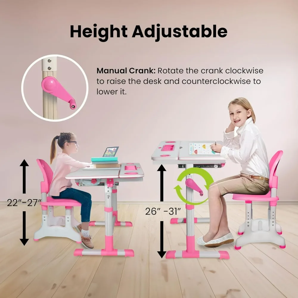 Kids Desk and Chair Set for Ages 4-12, Children's Study Table, Student School Desks with Lamp, Pencil Case, and Bookstand