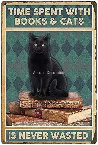 

Cat Retro Metal Tin Sign,Books Cats Is Never Wasted Art Retro Poster,Bedroom Poster Cafe Home Retro Aluminum Poster