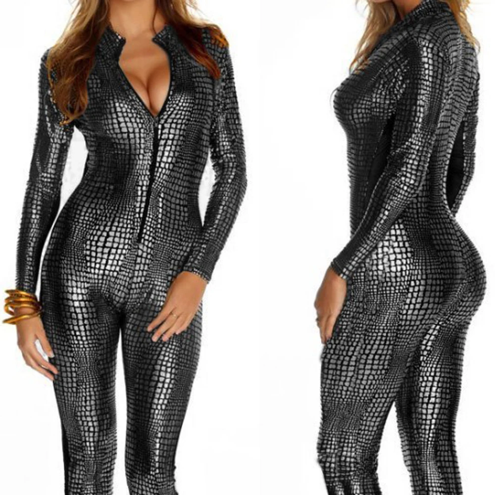 

Women Ertoic Sexy PU Leather Jumpsuit Snake Latex Catsuit with Zipper Ladies Cosplay Exotic Fetish Bodysuit Game Sexy Uniforms