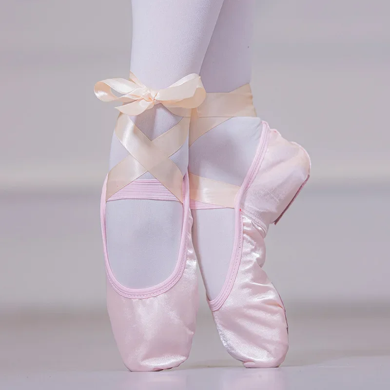 Satin Ballet Shoes with Ribbon Straps Round Toe Indoor Yoga Shoes Adult Girls Soft Split Sole Satin Dance Ballerina Shoes 6