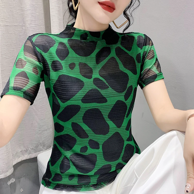 

Summer European Clothes Mesh T-Shirt Fashion Sexy Mock Neck Hollow Out Print Geometric Women's Tops Short Sleeve New Tees 9456