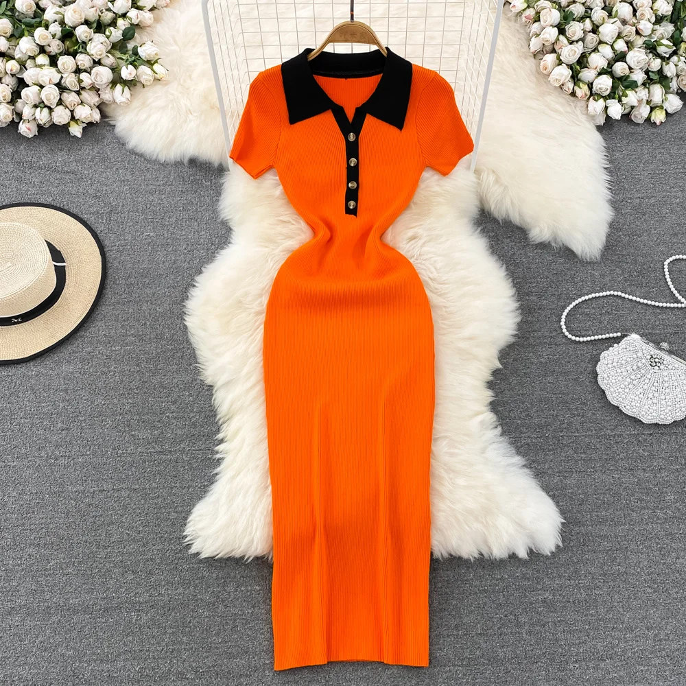 Fashion Girls Polo Orange Knit Dress For Women Bodycon Elastic MIDI Wrap  Knit Dress Short Sleeve Knitted Sweater Dress Summer - AliExpress 200000345