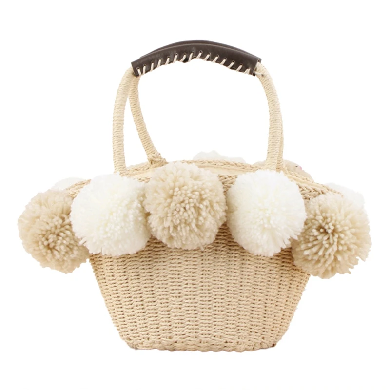 Пляжная Соломенная Сумка-тоут летние плетеные женские сумки с помпоном и