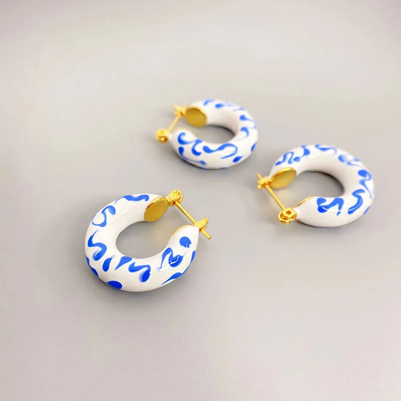 

Blue and white porcelain ceramic hoop earrings for women vintage hoop earrings summer creative jewelry