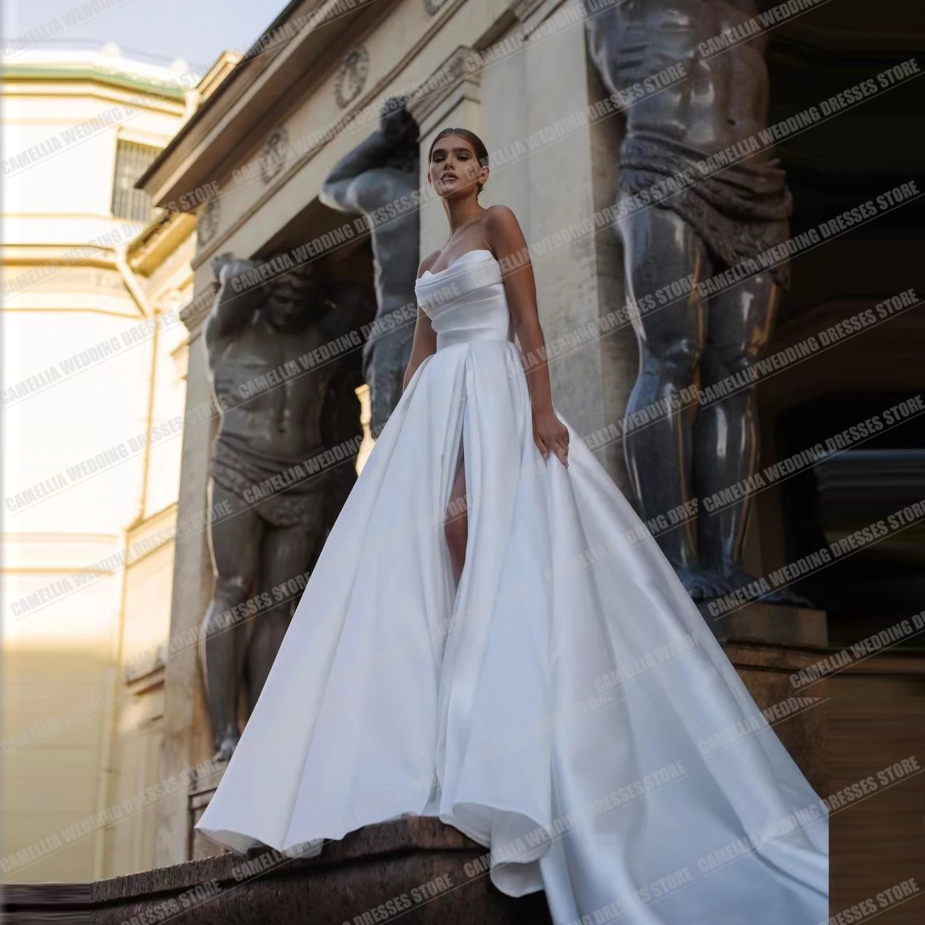 

Simple Beautiful Wedding Dresses Formal Gentle Women's A Line Sexy Side Split Backless Satin Bridal Gowns Vestido De Novia 2024