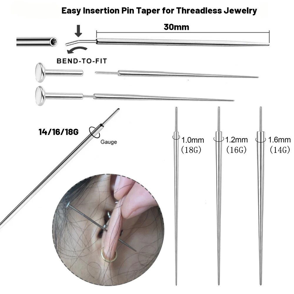 Cono de inserción de acero quirúrgico, herramienta fácil de enhebrar, sin rosca, Piercing, pendientes, joyería, 14/16/18G