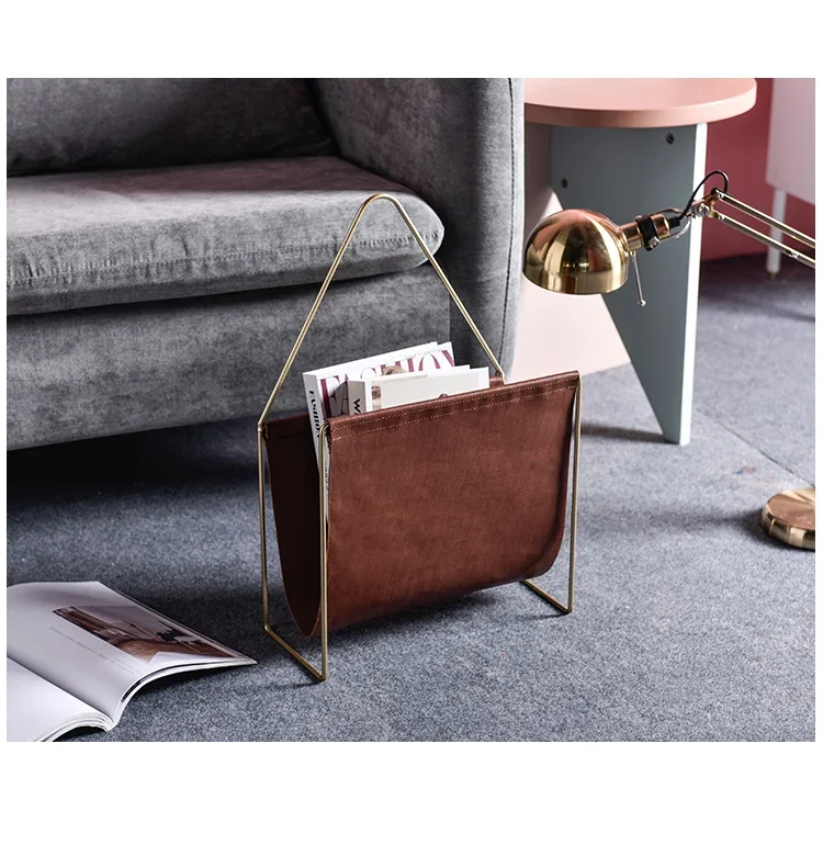 Round Leather Magazine Rack, Creative Metal Tabletop Book Holder, Stylish Office Desk File Organizer, Home Decor